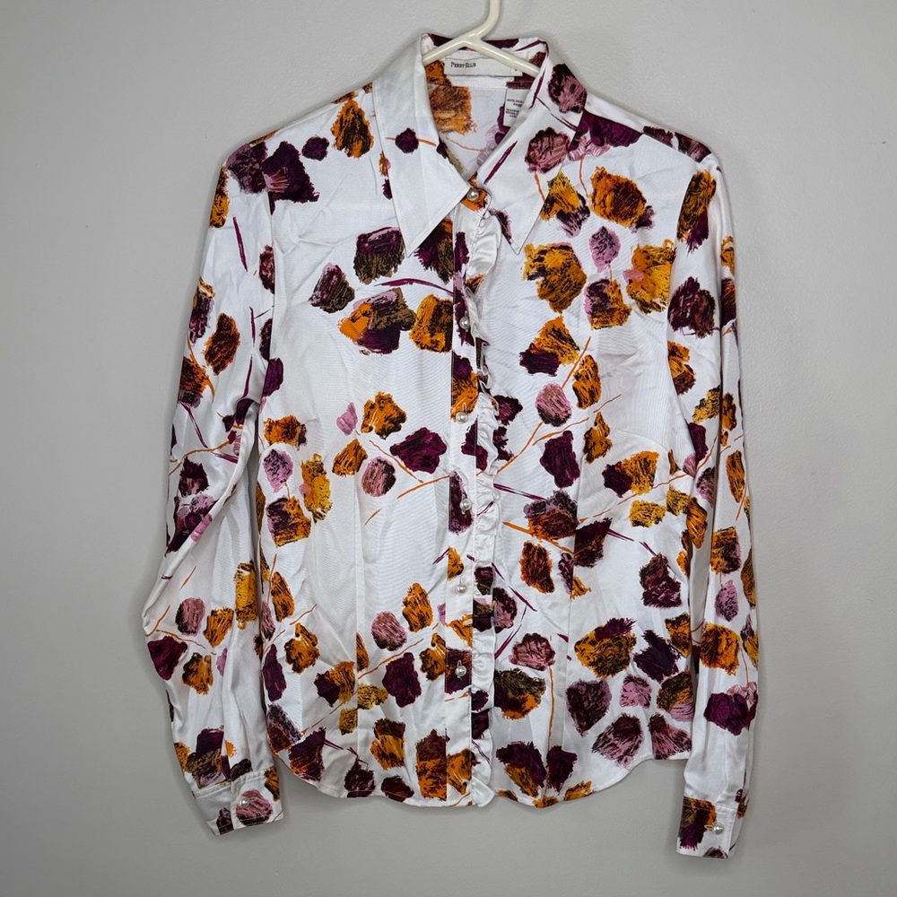 Perry Ellis 100% Silk White Blouse with Purple and Orange Floral Print Size 6 - Picture 2 of 9